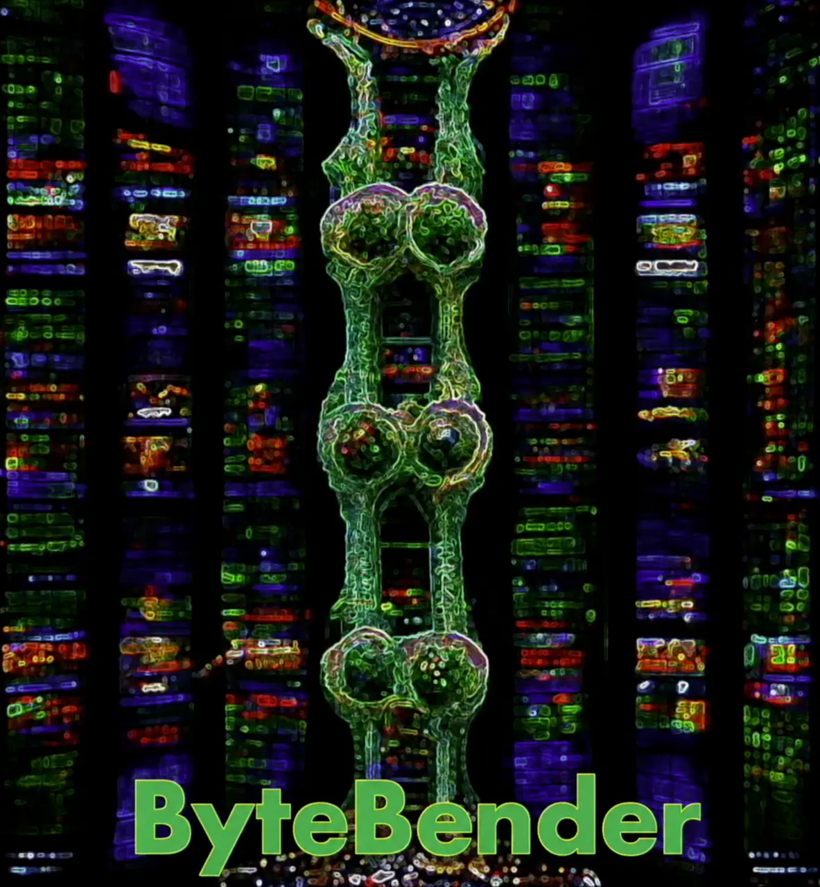 Tall green helical column of orbs and tendrils (part circuit board, part DNA) in front of stained-glass style panels of coloured data blocks; green lettering ByteBender at the bottom. Painterly generative art with the class name baked into 