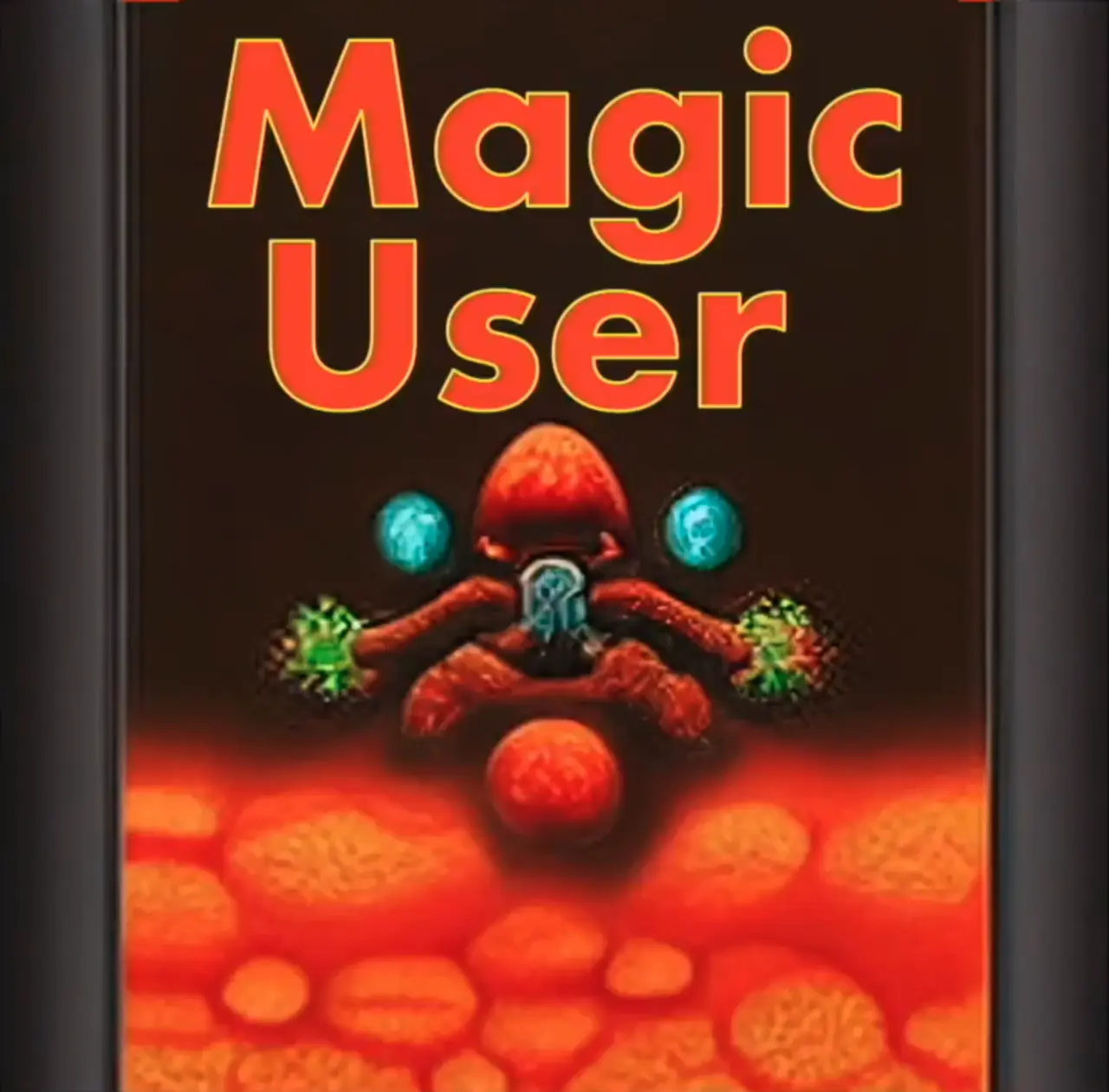 Black and red retro box cover: a red cell-like spore creature with cyan eyes above a bubbling orange cell landscape; orange lettering Magic User. Painterly generative art with the class name baked into the image.