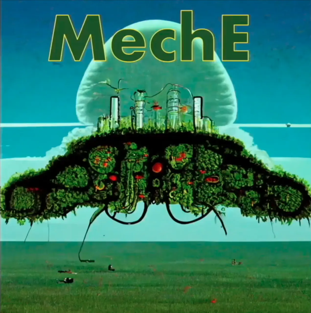 Pale teal sky over a green plain: a domed floating machine city with leg-like tentacles hovering over the grass; green lettering MechE. Painterly generative art with the class name baked into the image.