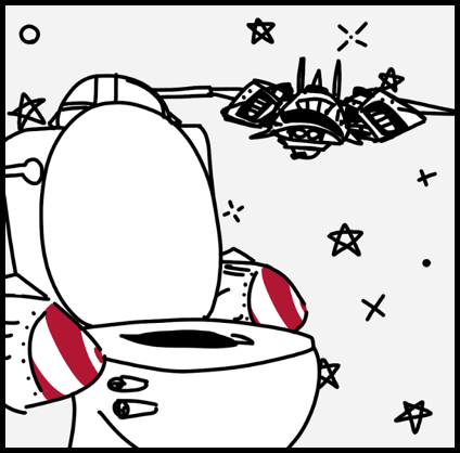 Black-and-white line illustration with red accents for Poop of the Gods