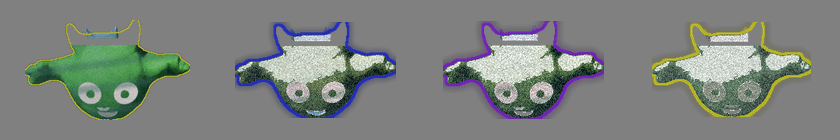 Four small green variants of a horned clay imp with round eyes, side by side