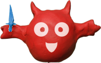 A red imp with a matte clay-like surface holding a small blue sword